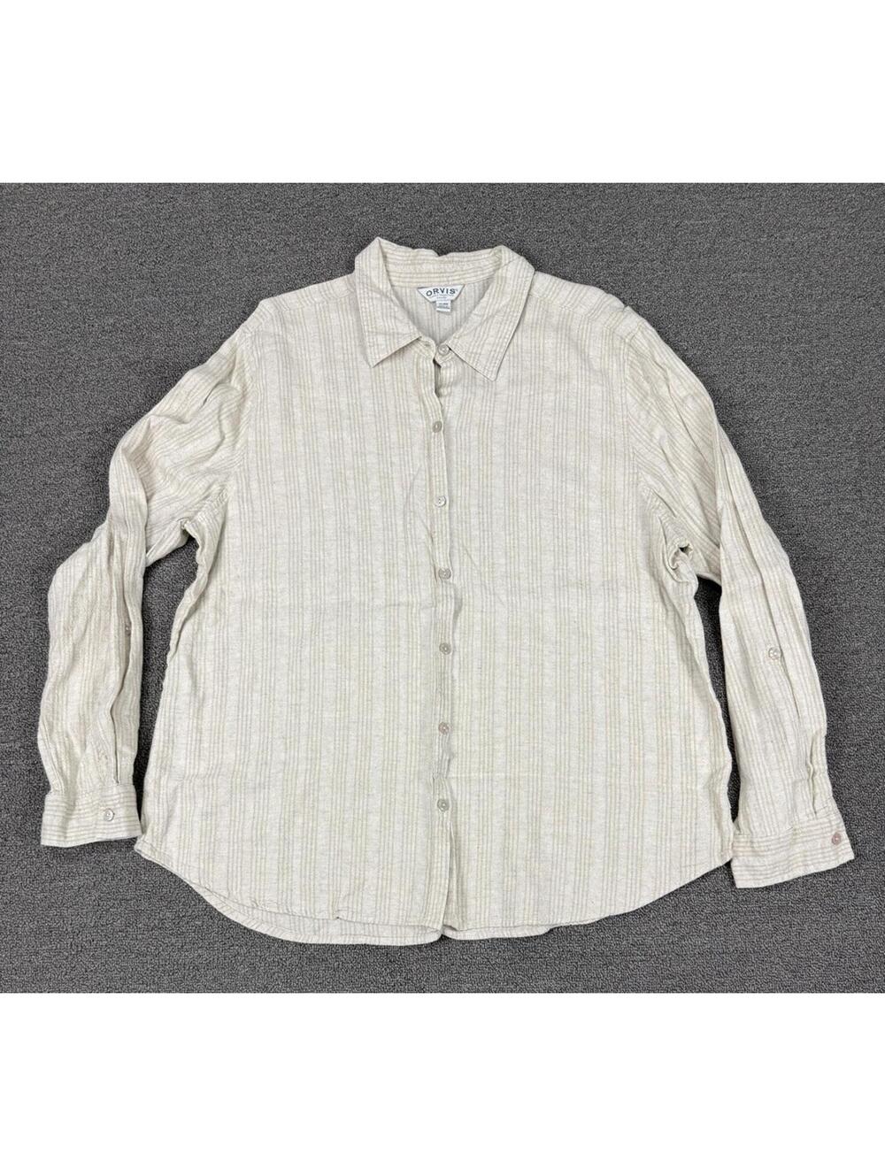 ORVIS Mens XL Linen Striped Button Up Shirt Beige Classic Collection Beach Sprin